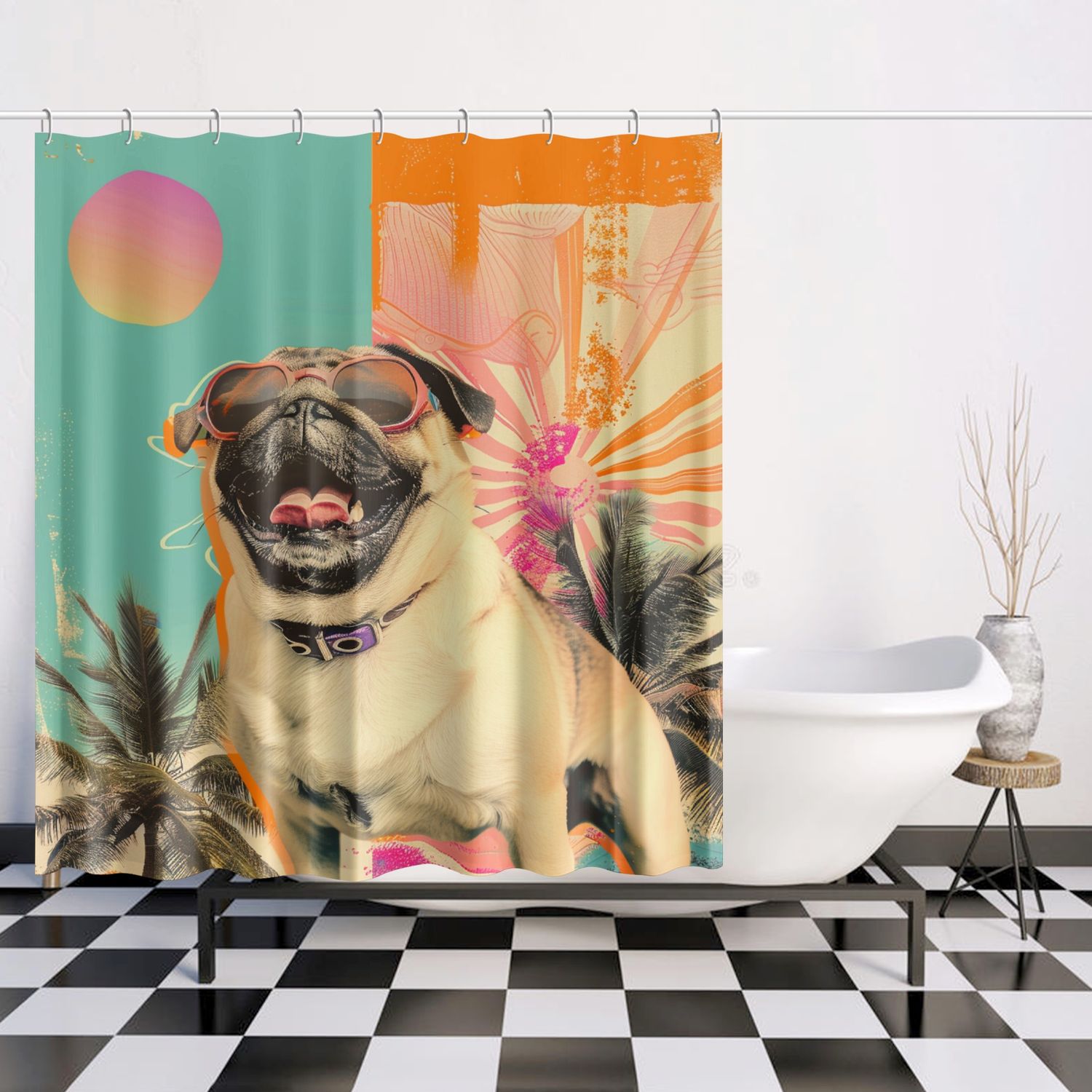 Retro style pug - palm trees shower curtain