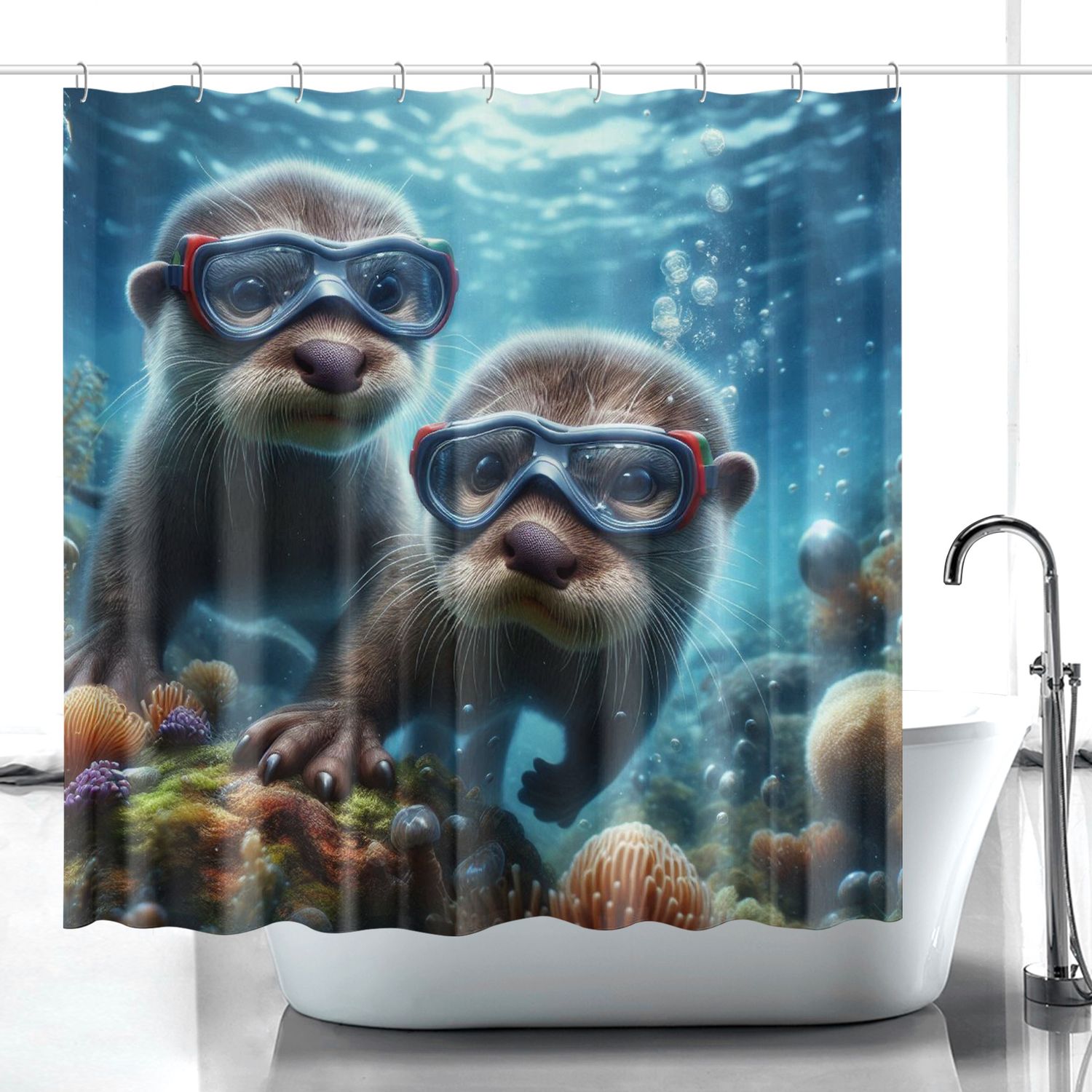 Otter with diving goggles shower curtain