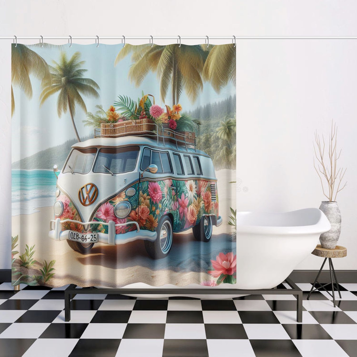 Tropical VW Bulli on the beach shower curtain