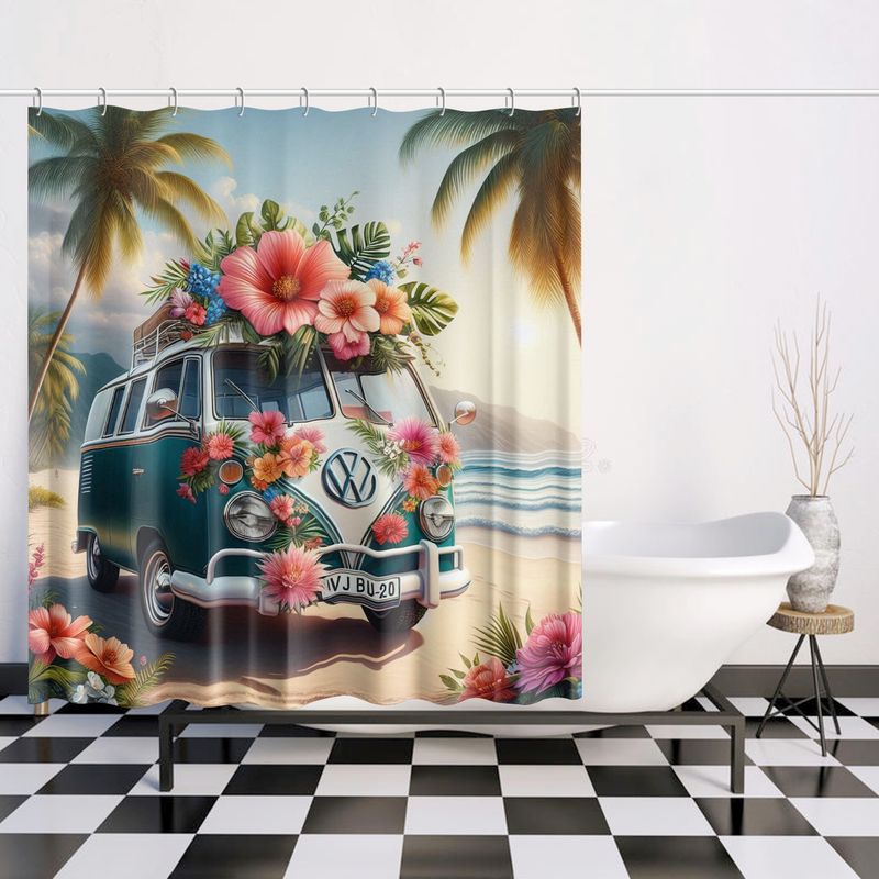 Tropical VW Bulli on the beach shower curtain