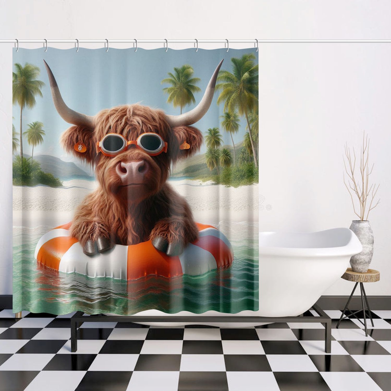 Funny Highland cow with swimming ring shower curtain