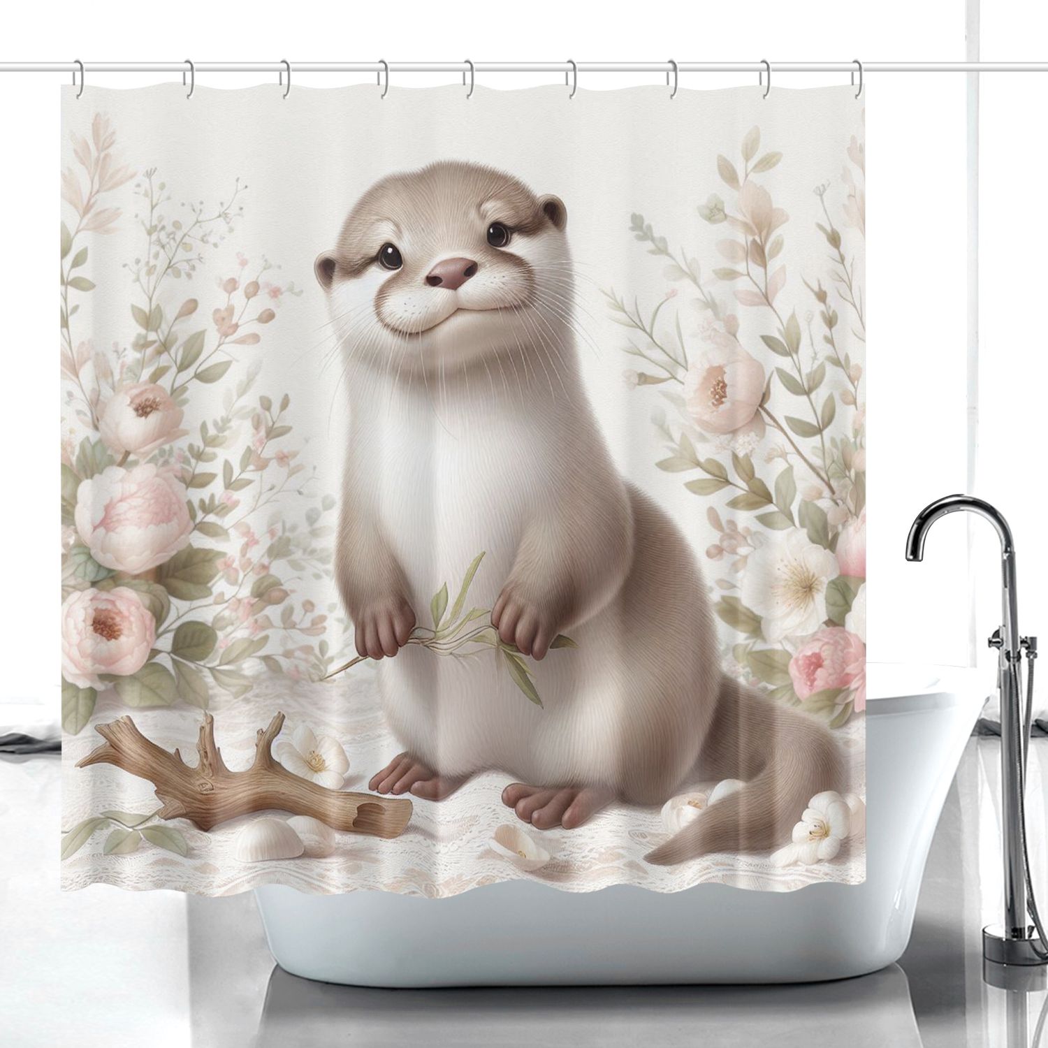 Delicate Beige Otter with Flowers Shower Curtain