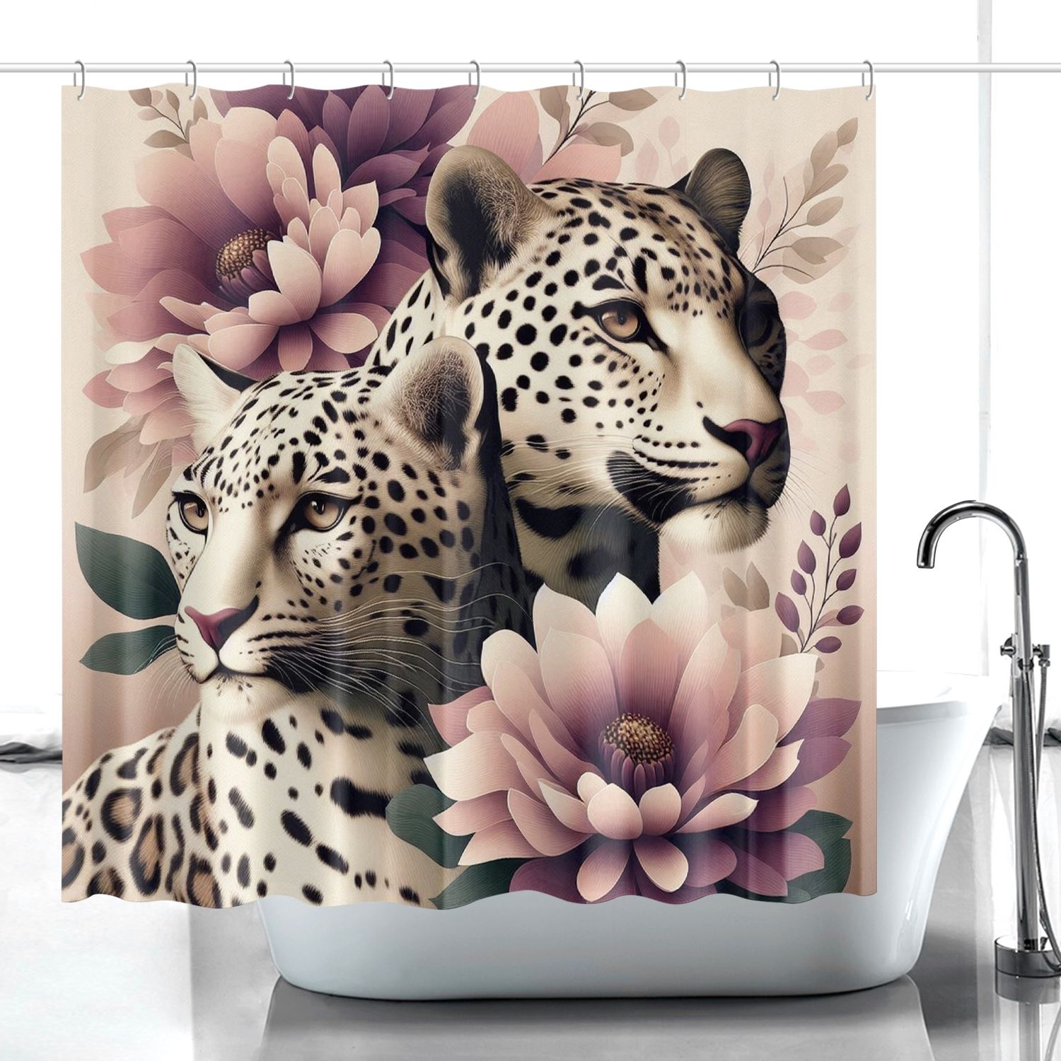 Burgundy Beige Leopard - Floral Shower Curtain