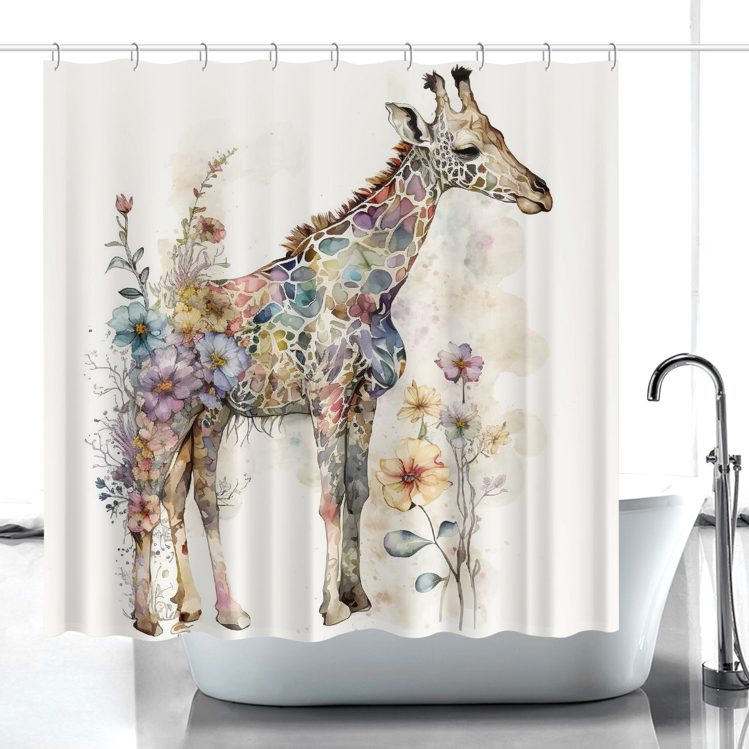 Watercolor Style - Giraffe - Floral Shower Curtain
