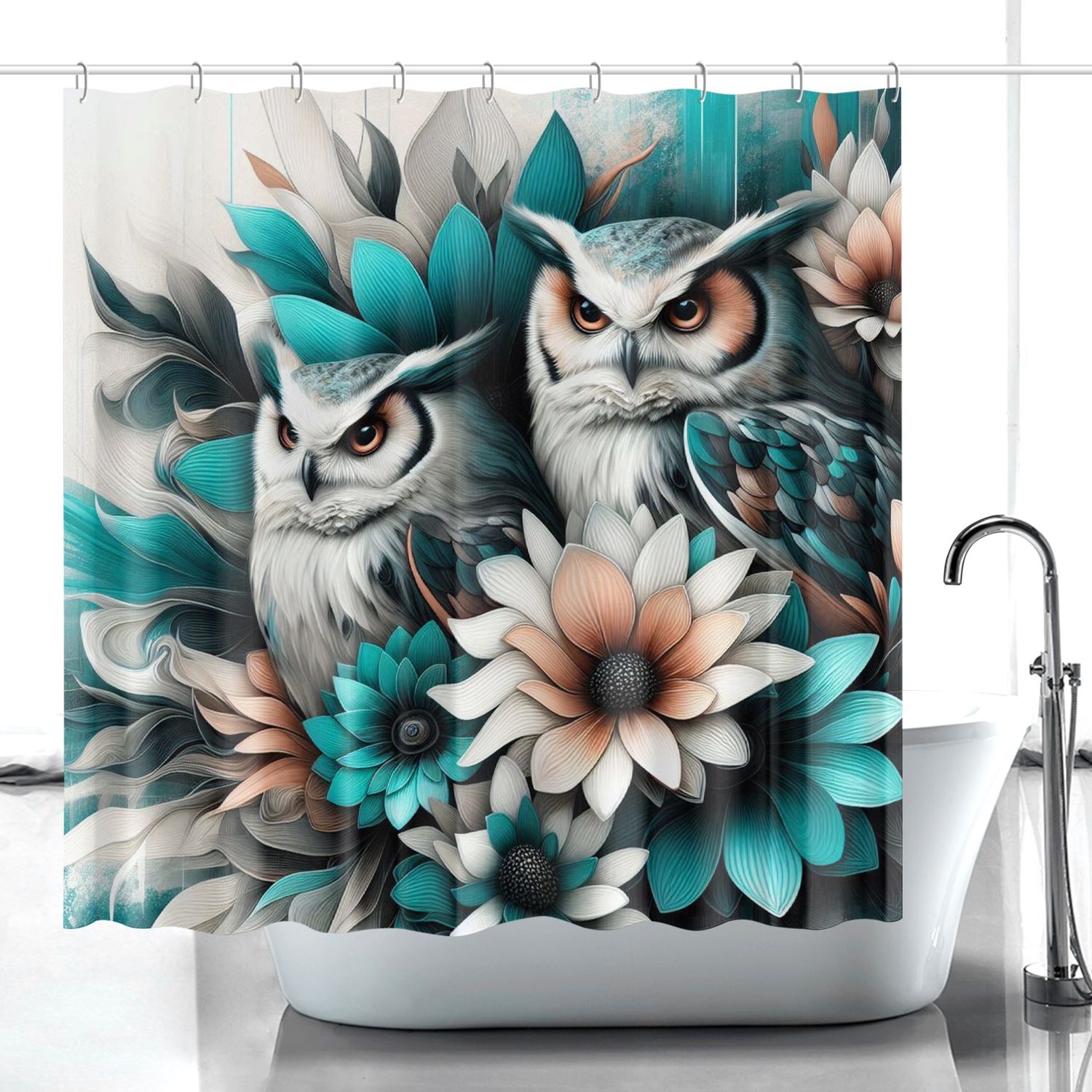 Turquoise Owls - Floral Shower Curtain