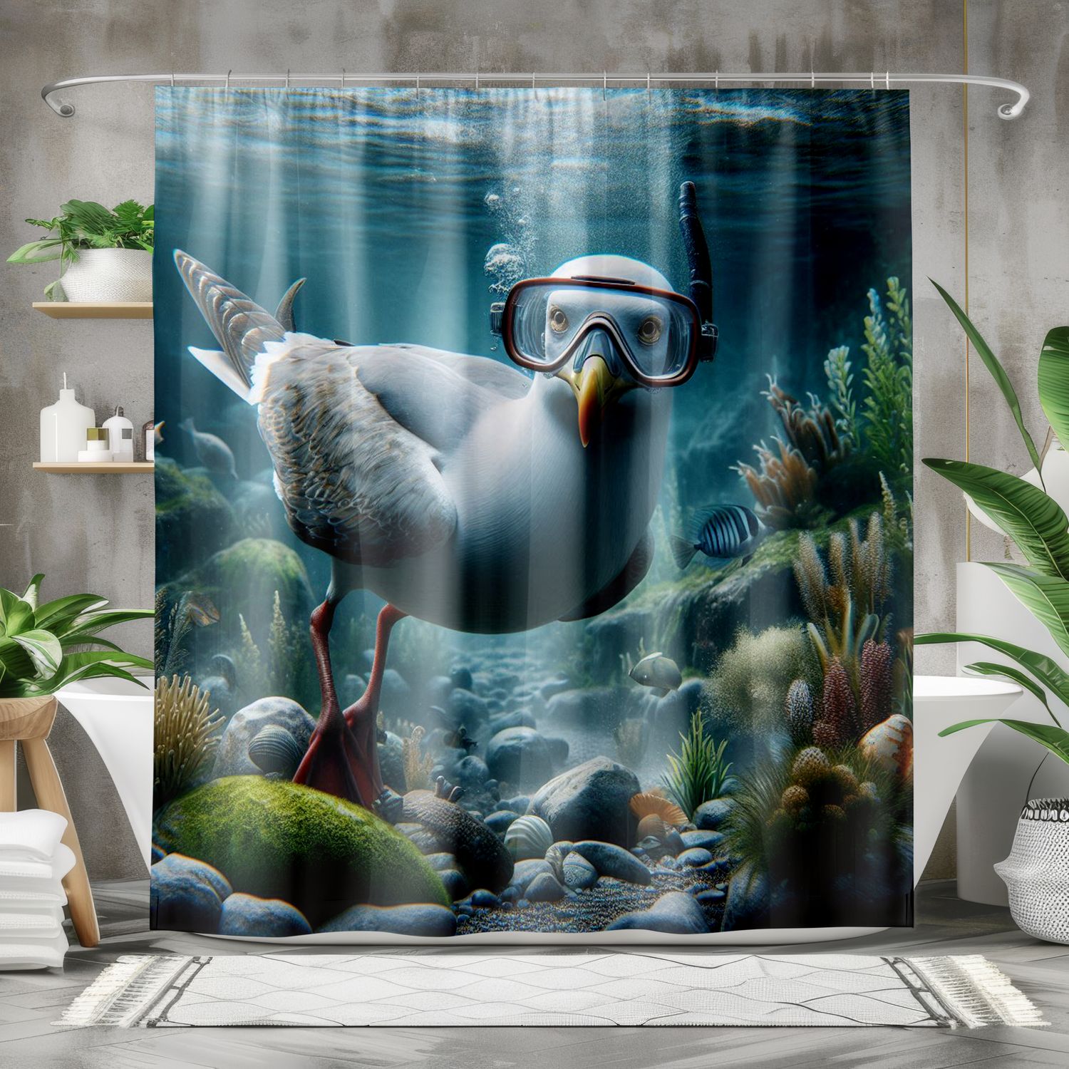 Funny seagull with diving goggles shower curtain