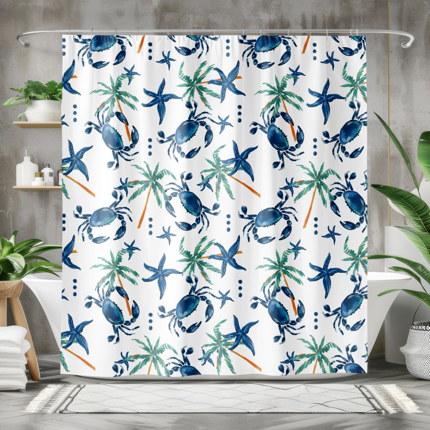 Nautical - Blue Crabs - Palm Trees Shower Curtain