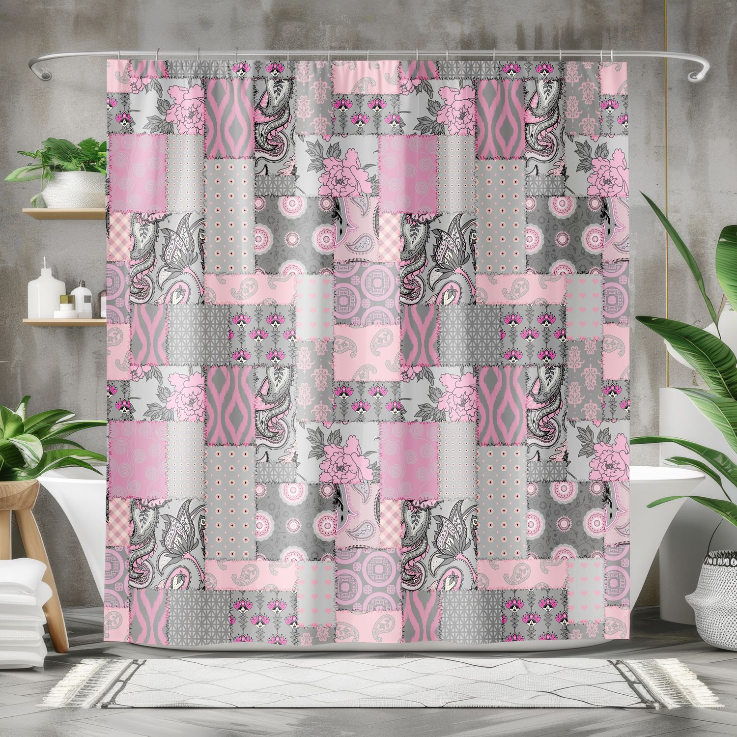 Gray-Pink Patchwork - Floral Shower Curtain