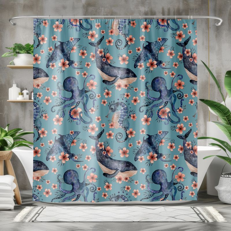 Blue sea creatures shower curtain