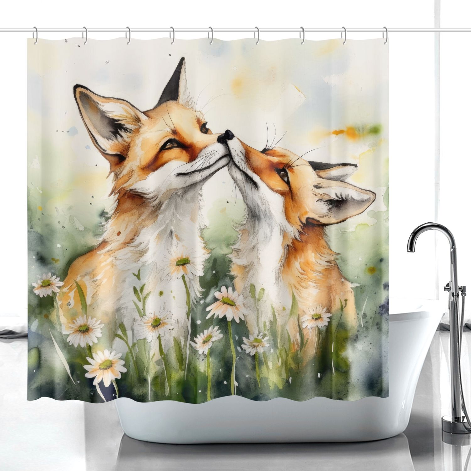 Watercolor Style - Foxes in Love Shower Curtain