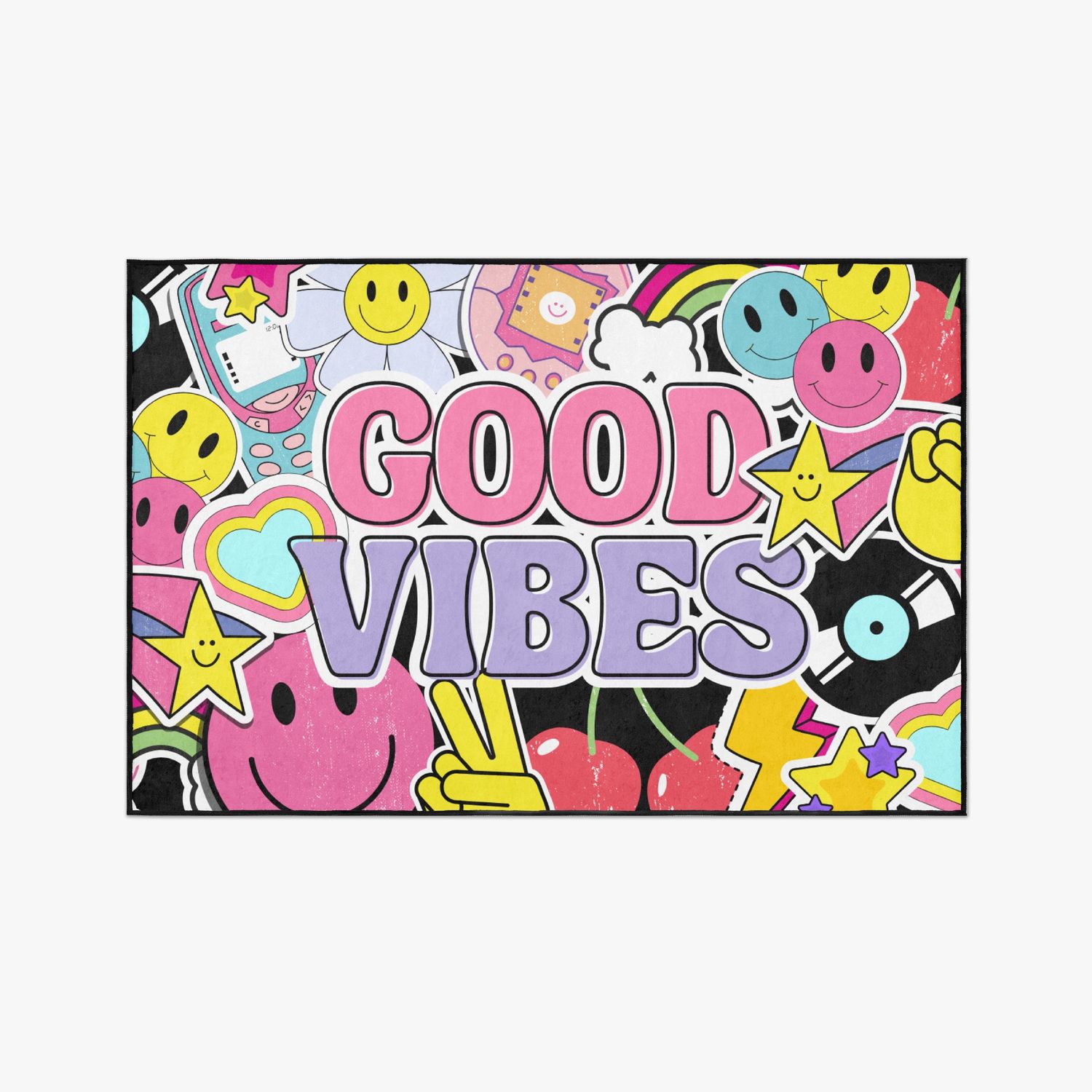 Colorful retro style &quot;Good Vibes&quot; rug
