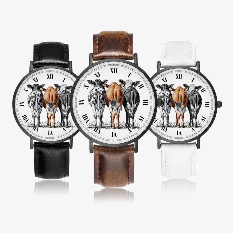 Cow Motif Leather Watch Black
