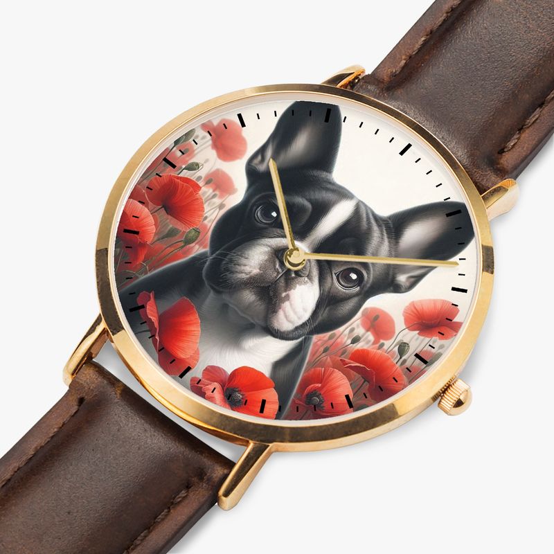 French Bulldog - Poppies Leather Watch Rose Gold