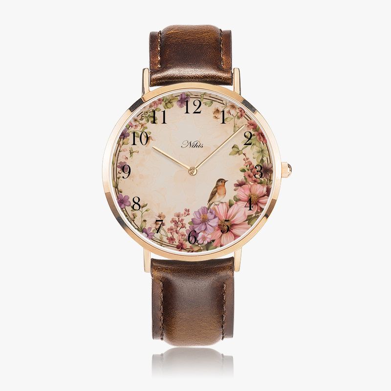 Vintage Style Bird Flowers Leather Wrist Watch Rose Gold