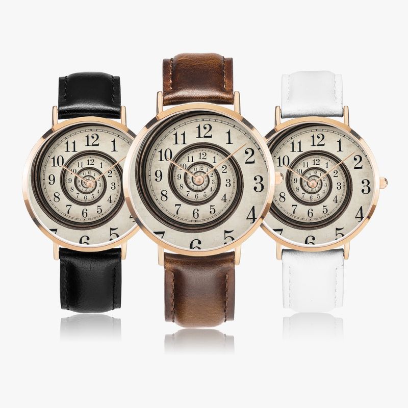 Fancy spiral dial leather strap watch rose gold