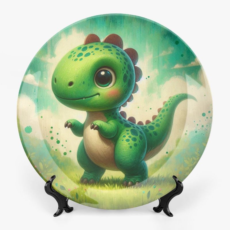 Motif plate with green dinosaur
