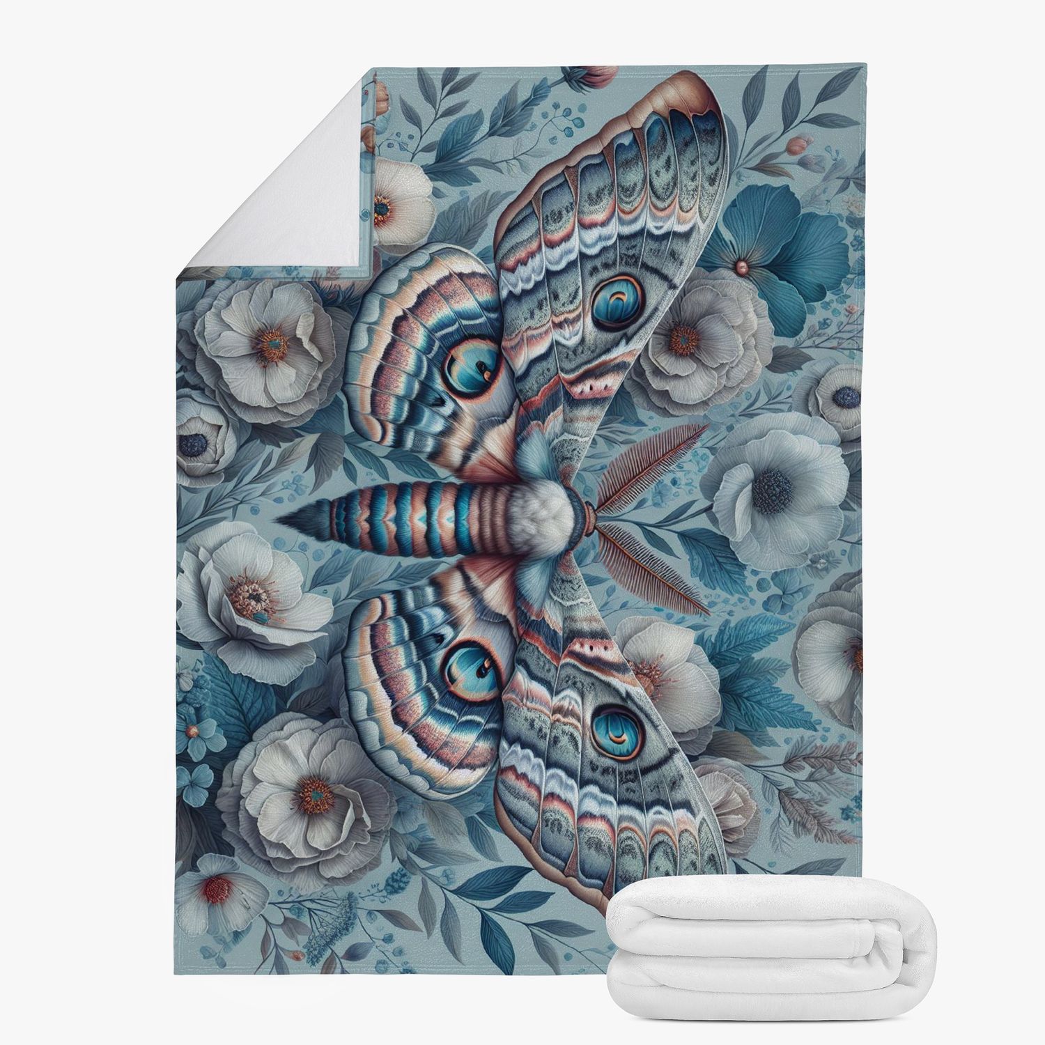 Blue floral blanket with moth motif