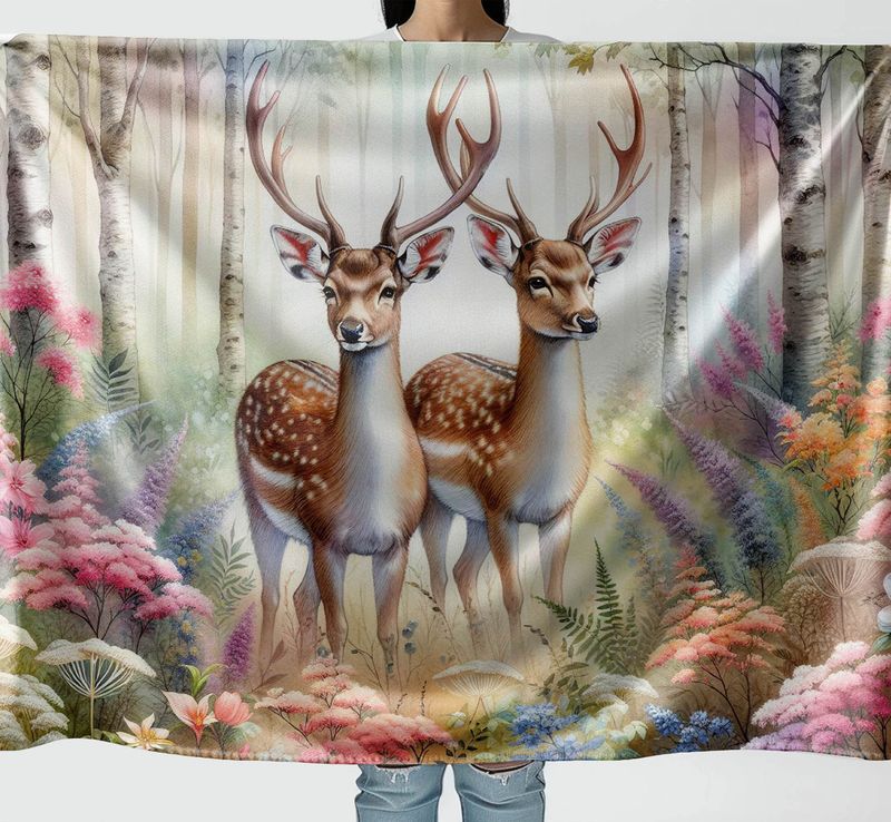 Charming cuddly blanket with deer in a forest motif
