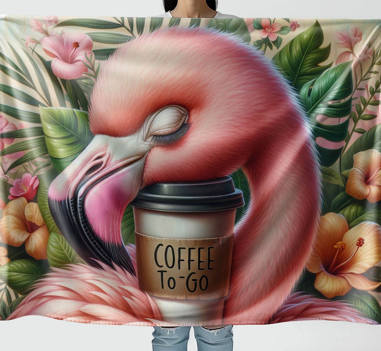 Tropical blanket with flamingo and coffee motif