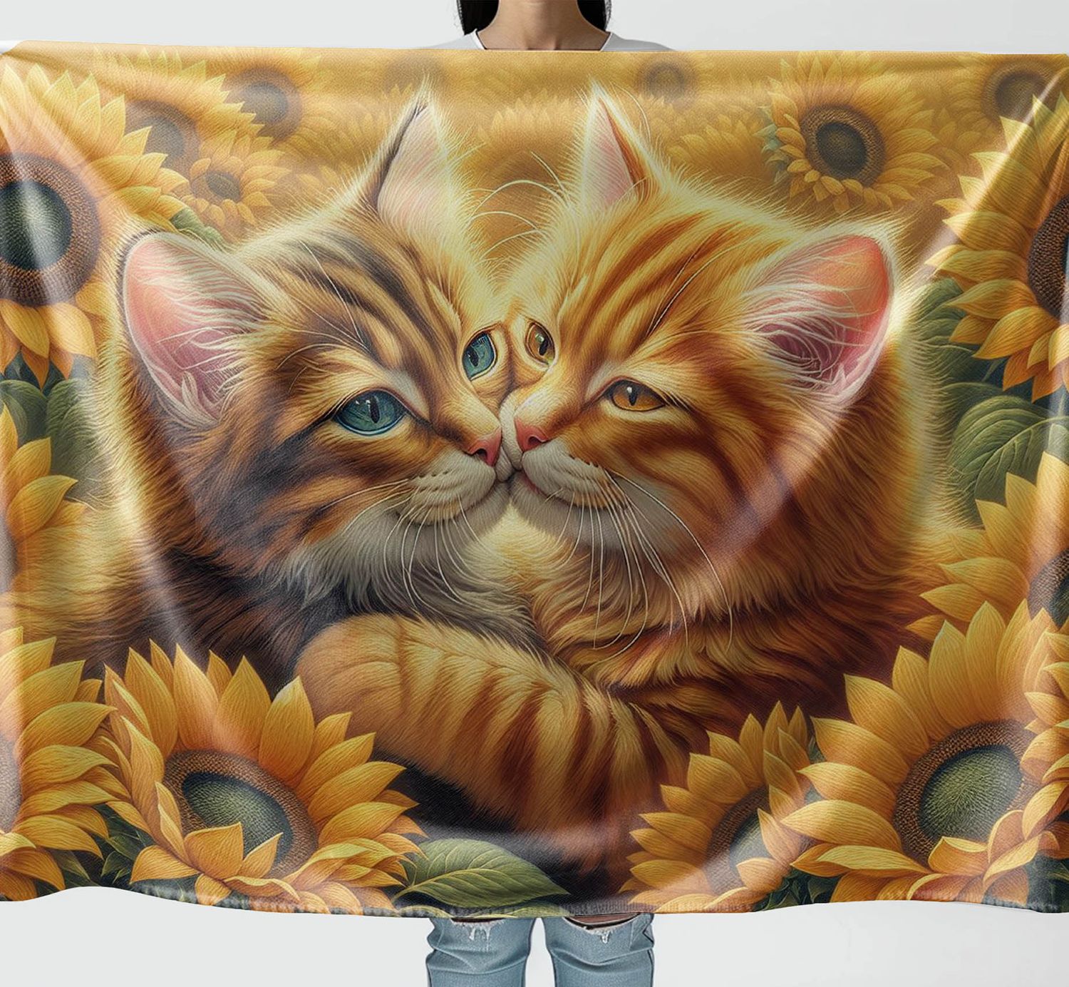 Adorable cuddly blanket with cats and sunflowers