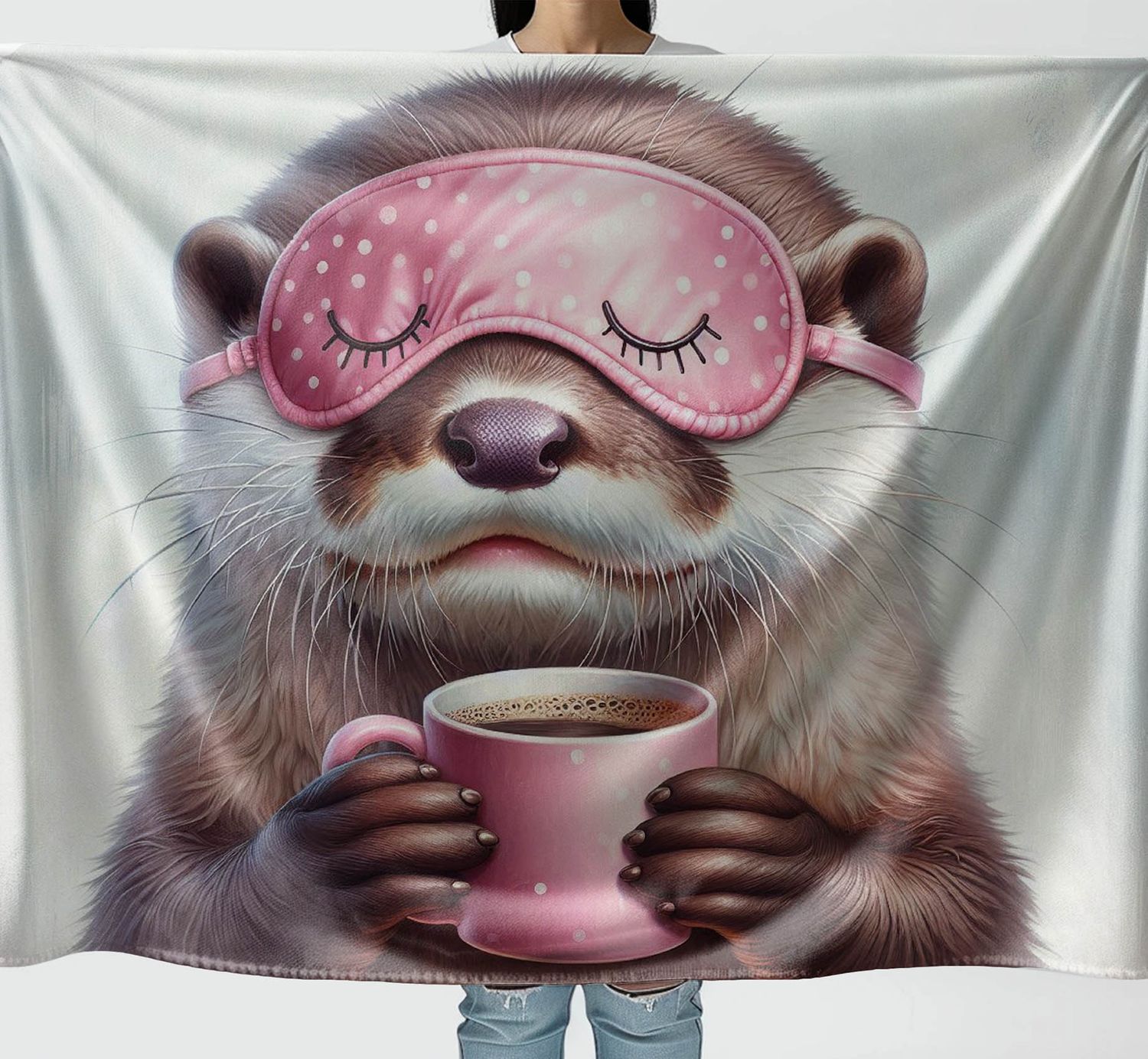 Playful cuddly blanket with otter with pink sleeping mask