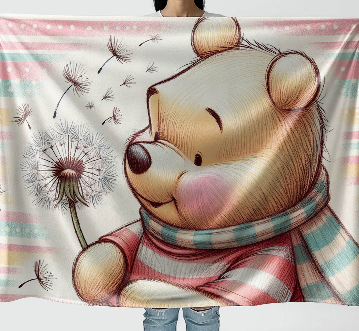 Adorable cuddly blanket with Winnie the Pooh and dandelions