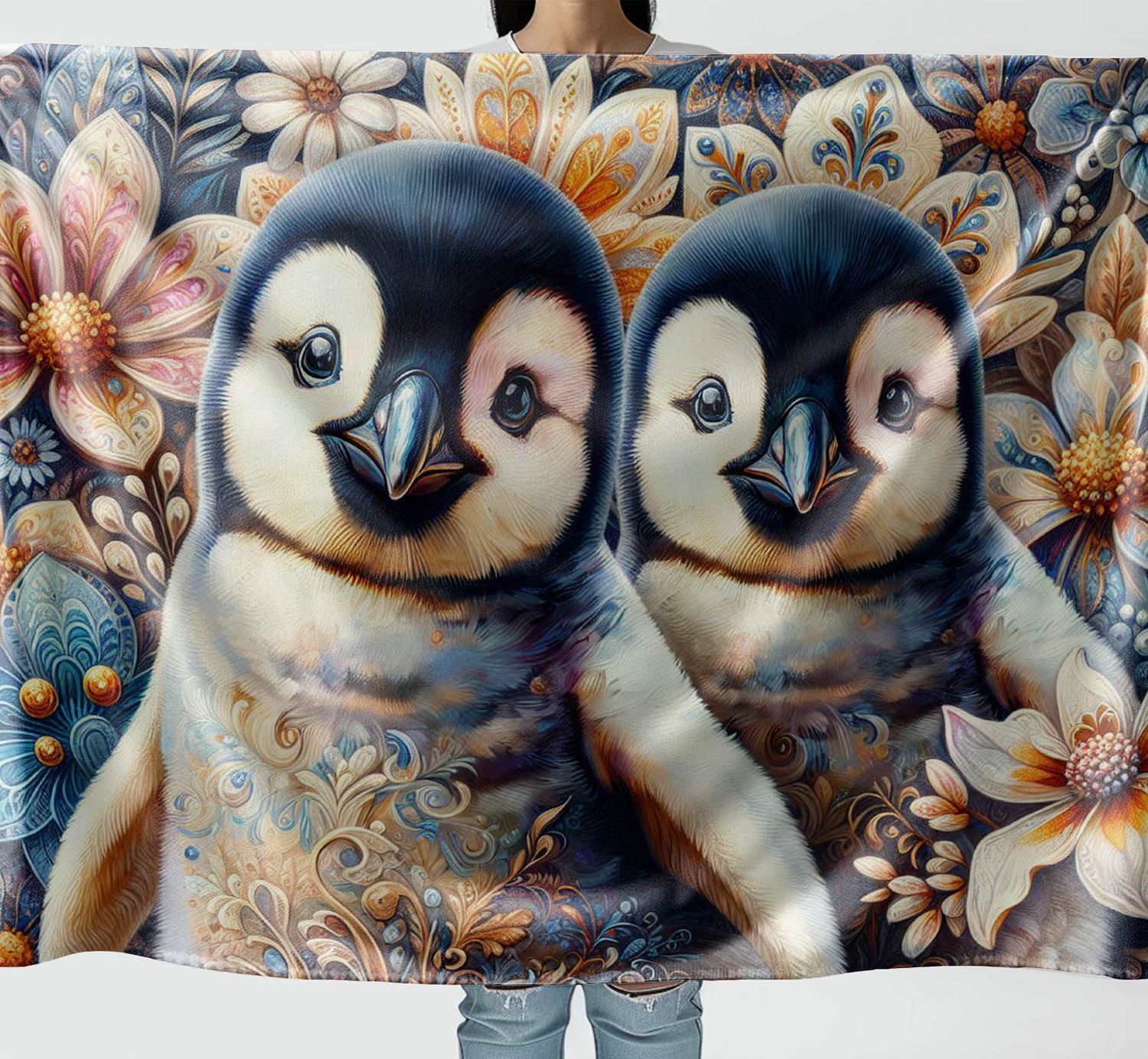 Floral cuddly blanket with penguin motif