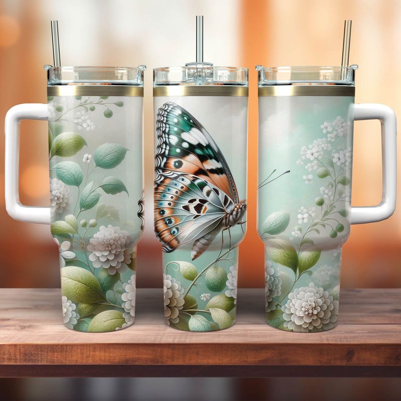 Tumbler with handle - ToGo - Butterfly - Mint green
