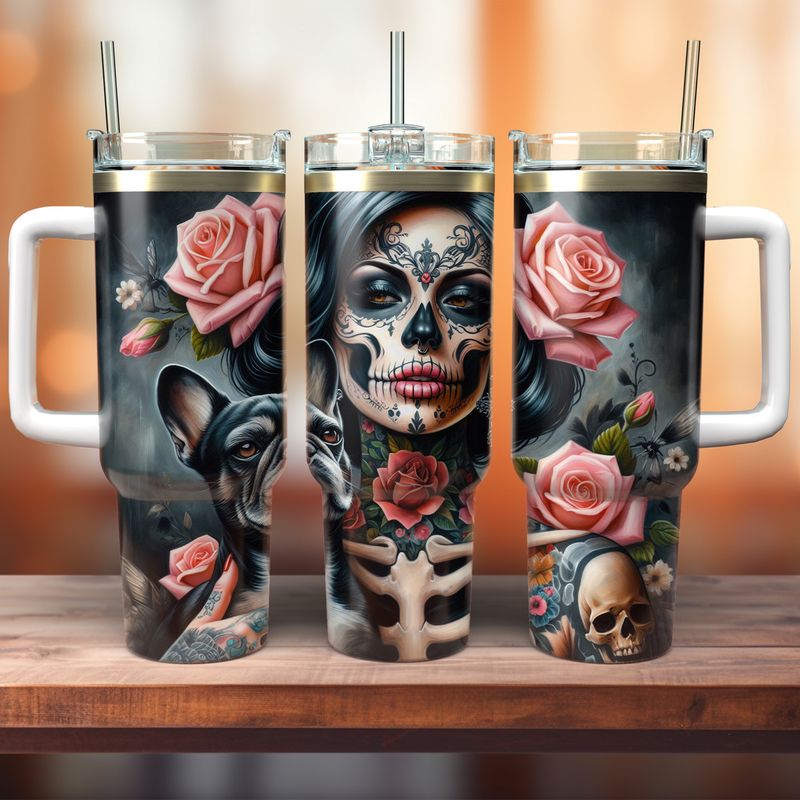 Tumbler with handle - ToGo - Skeleton Woman - French Bulldog