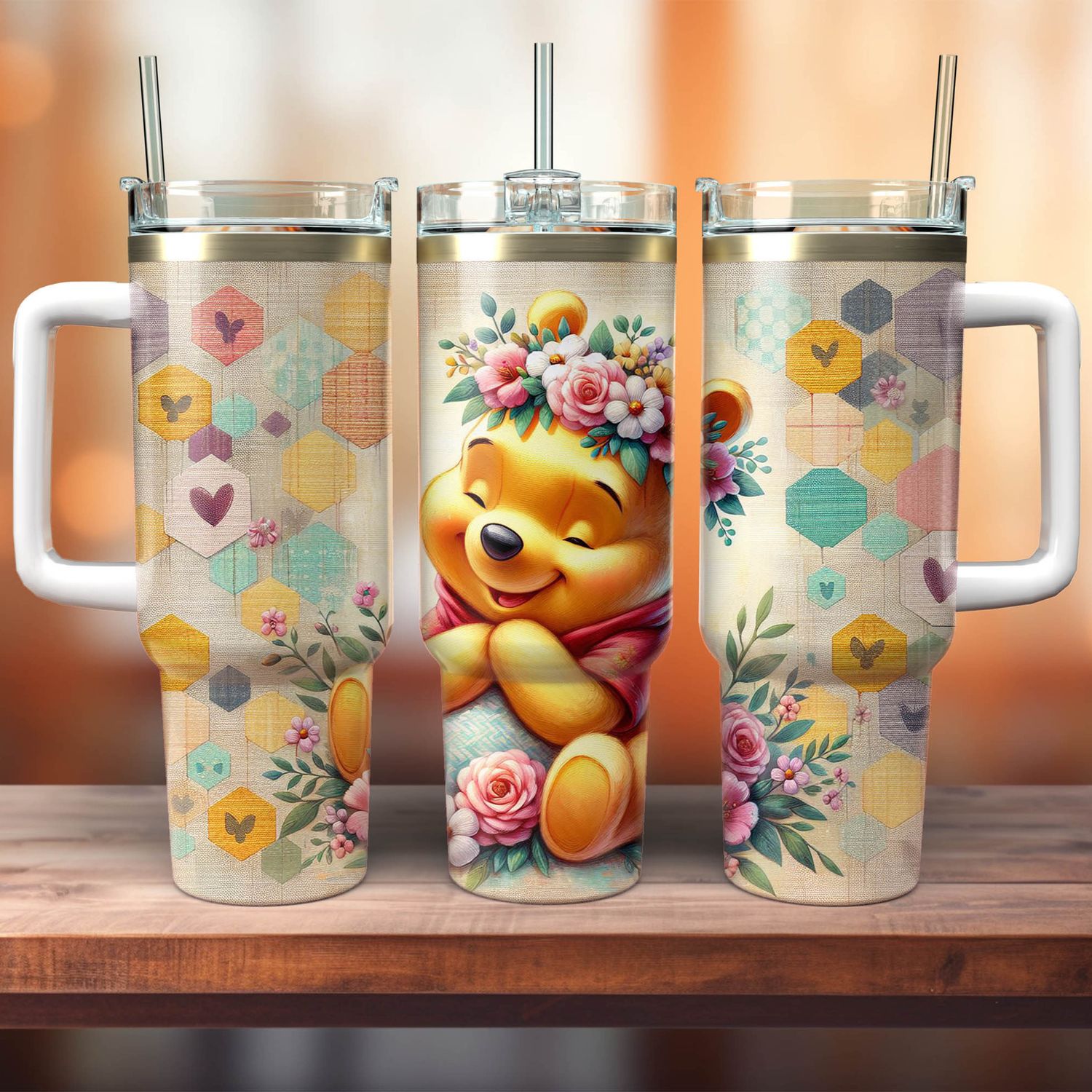 Tumbler with handle - ToGo - Winnie the Pooh with flower crown - Vintage