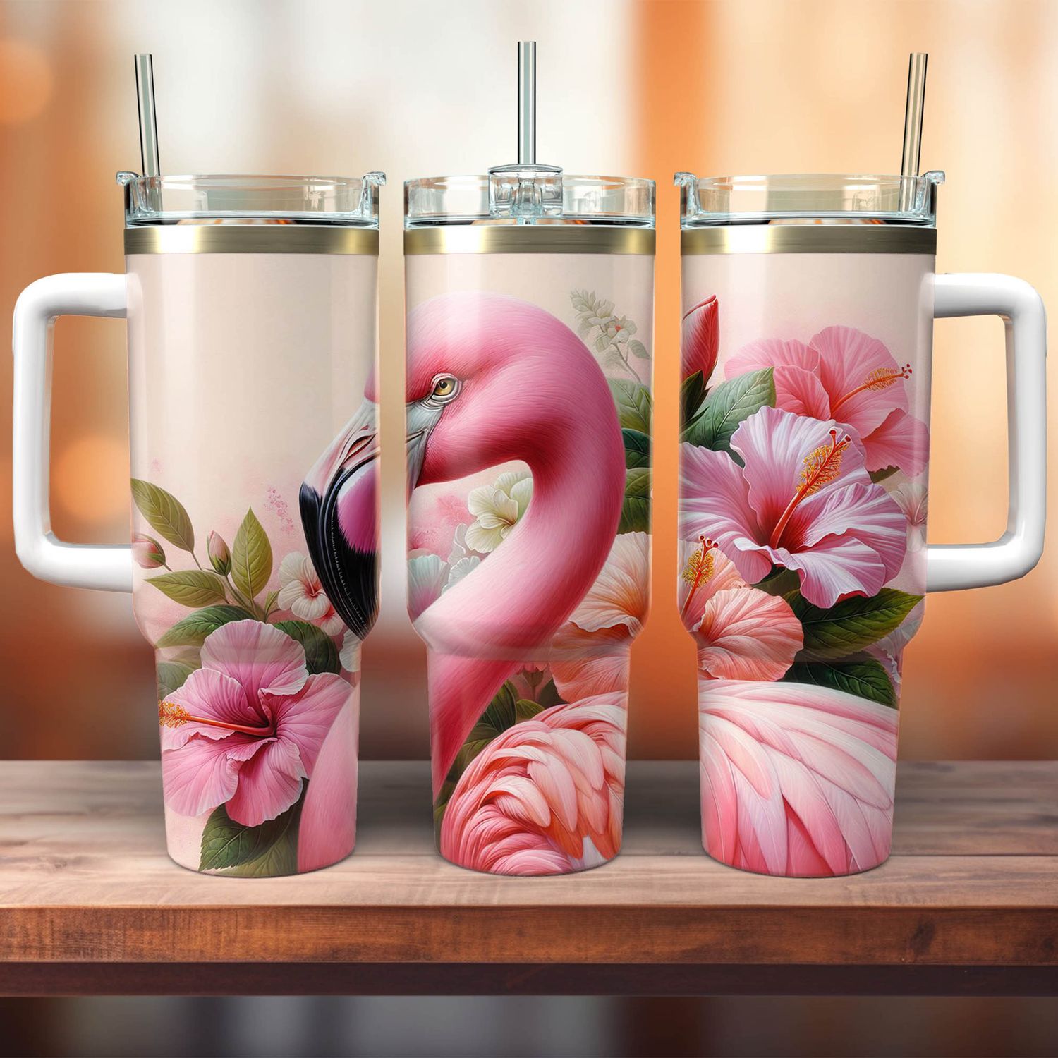 Tumbler with handle - ToGo - Flamingo - Hibiscus flowers