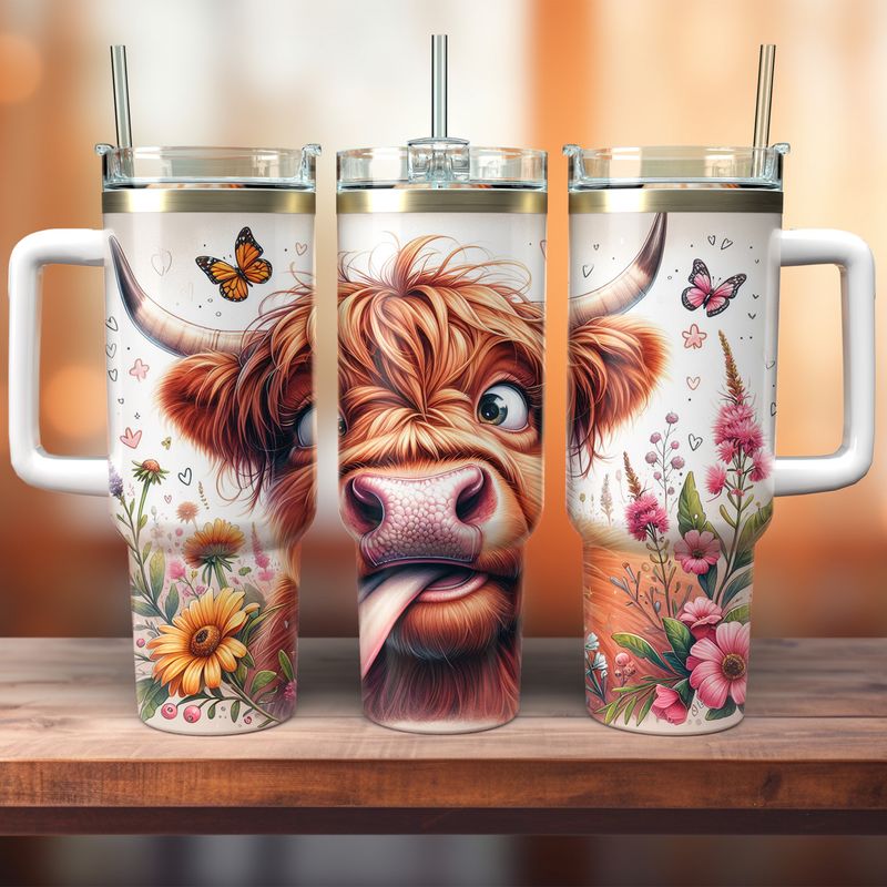 Tumbler with Handle - ToGo - Funny Cartoon Highland Cow