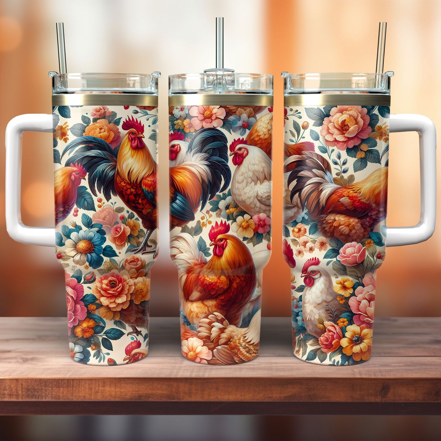 Tumbler mit Griff - ToGo - Huhn Muster - Vintage