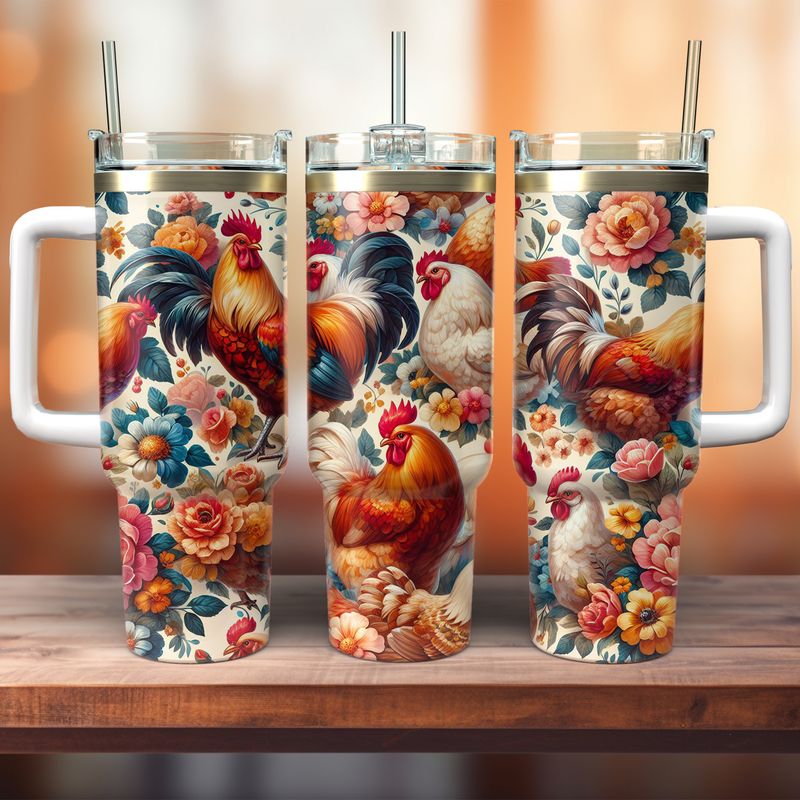 Tumbler with handle - ToGo - Chicken pattern - Vintage