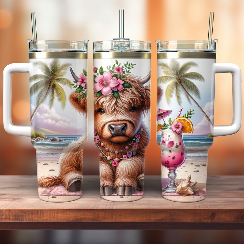 Tumbler with handle - ToGo - Highland cow with cocktail on the beach