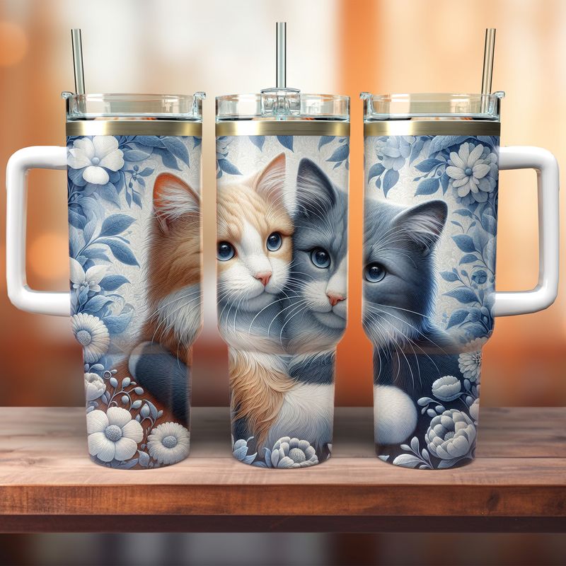 Tumbler with handle - ToGo - Cuddling Cats - Blue