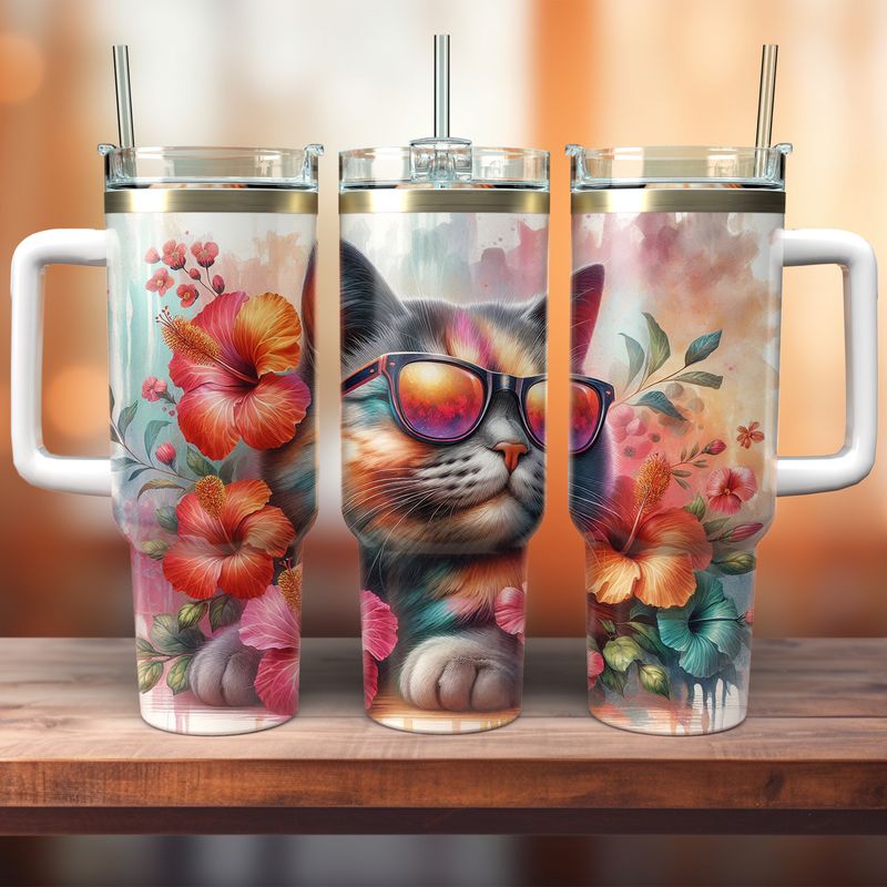 Tumbler with handle - ToGo - Cat with sunglasses