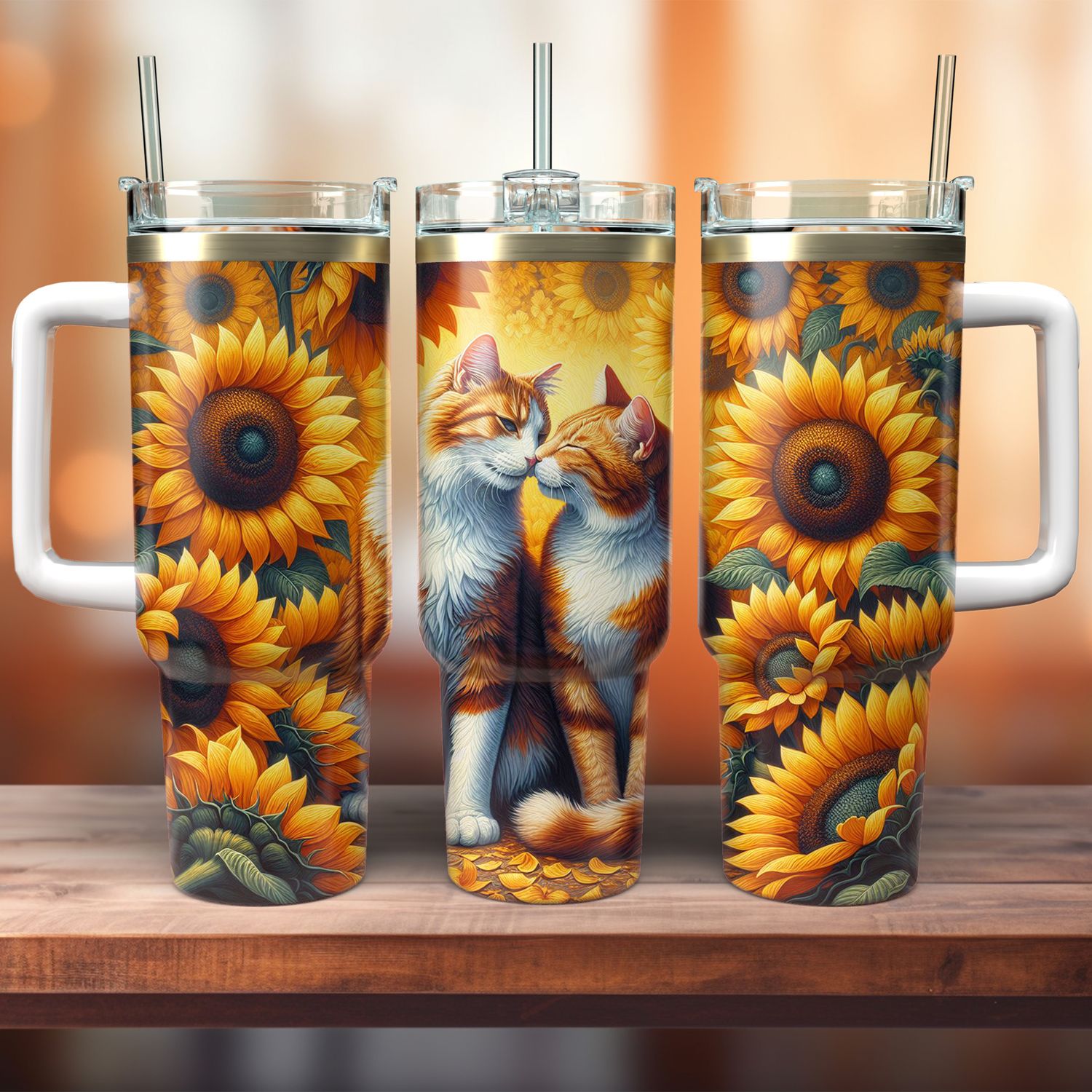 Tumbler with handle - ToGo - Cats - Sunflowers