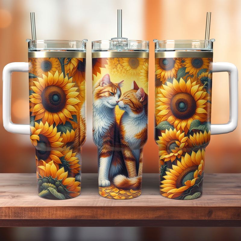 Tumbler mit Griff - ToGo - Katzen - Sonnenblumen