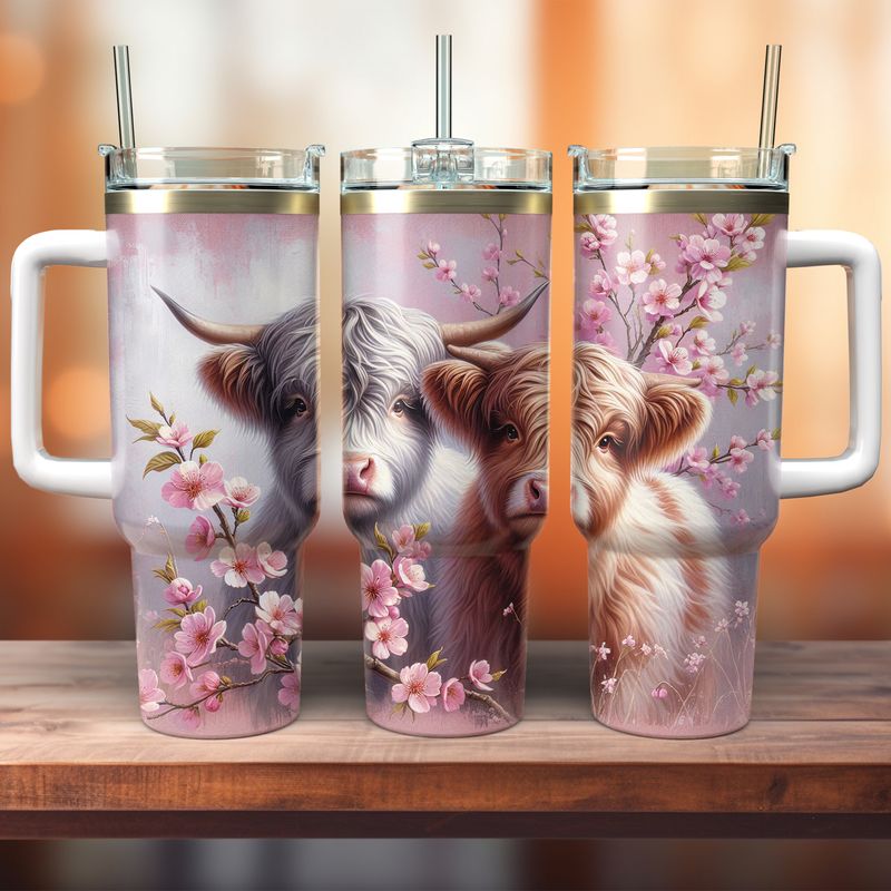Tumbler with handle - ToGo - Highland cows - gray-pink