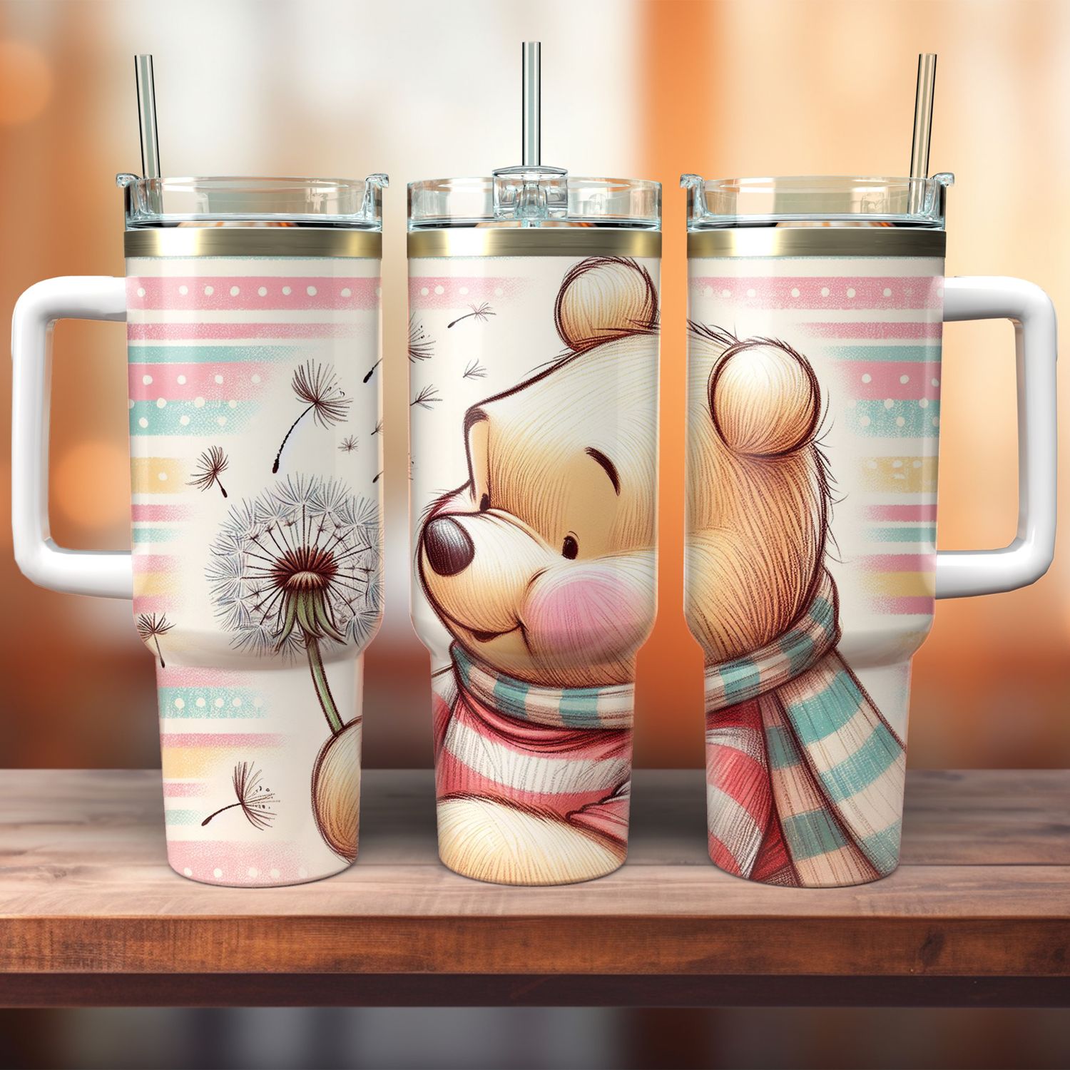 Tumbler with handle - ToGo - Winnie the Pooh with dandelion - pastel colors