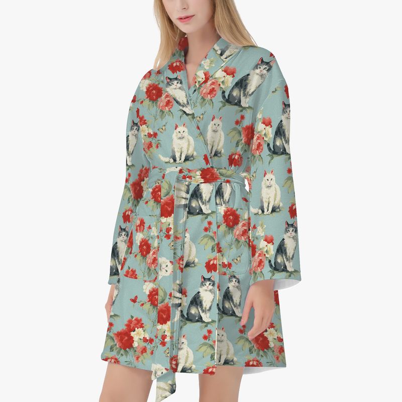 Cats - floral pattern bathrobe