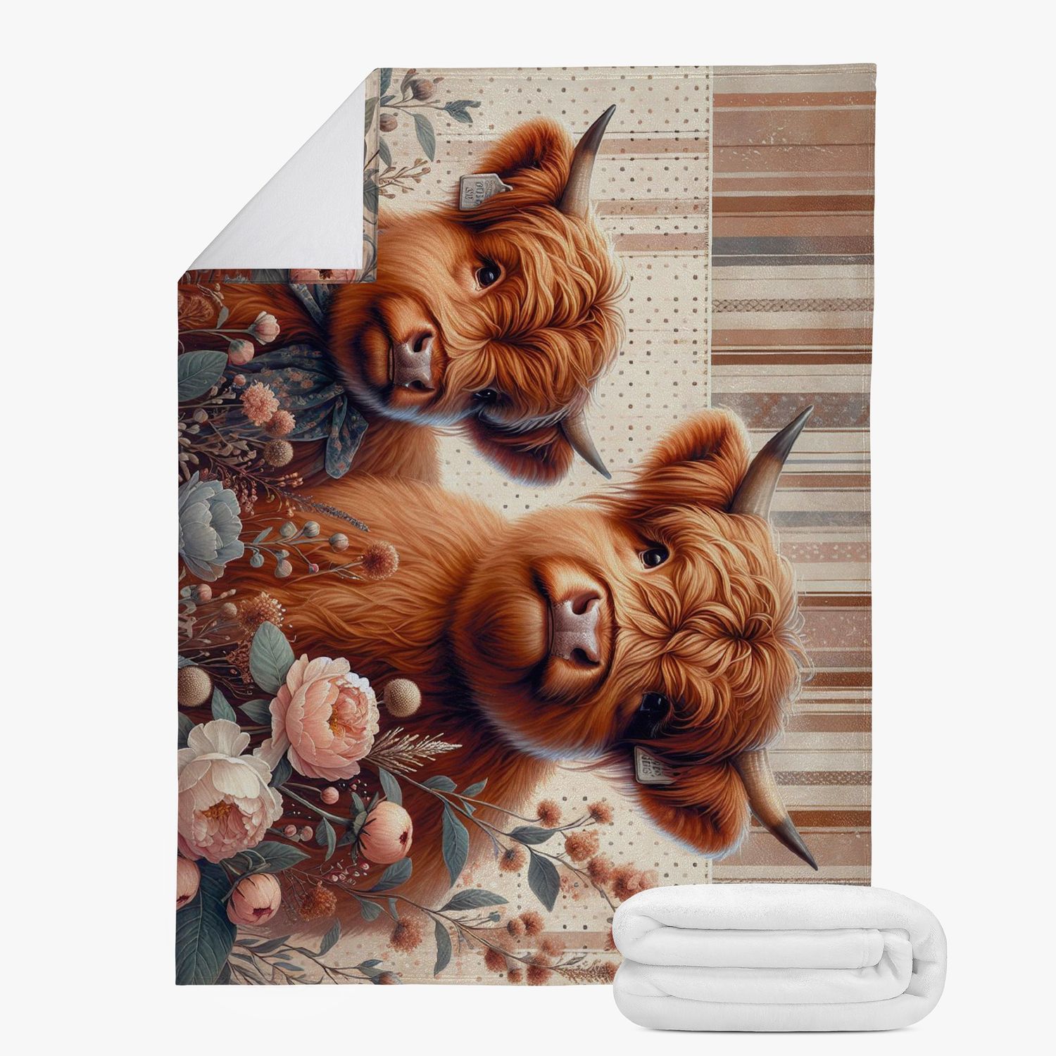 Flowery cuddly blanket with a Highland cow motif