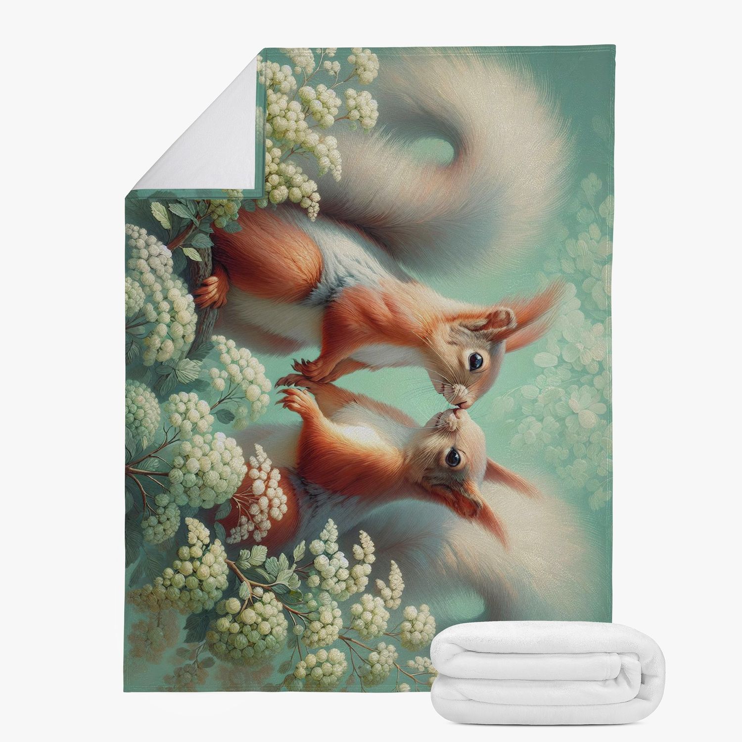 Mint green cuddly blanket with a squirrel motif