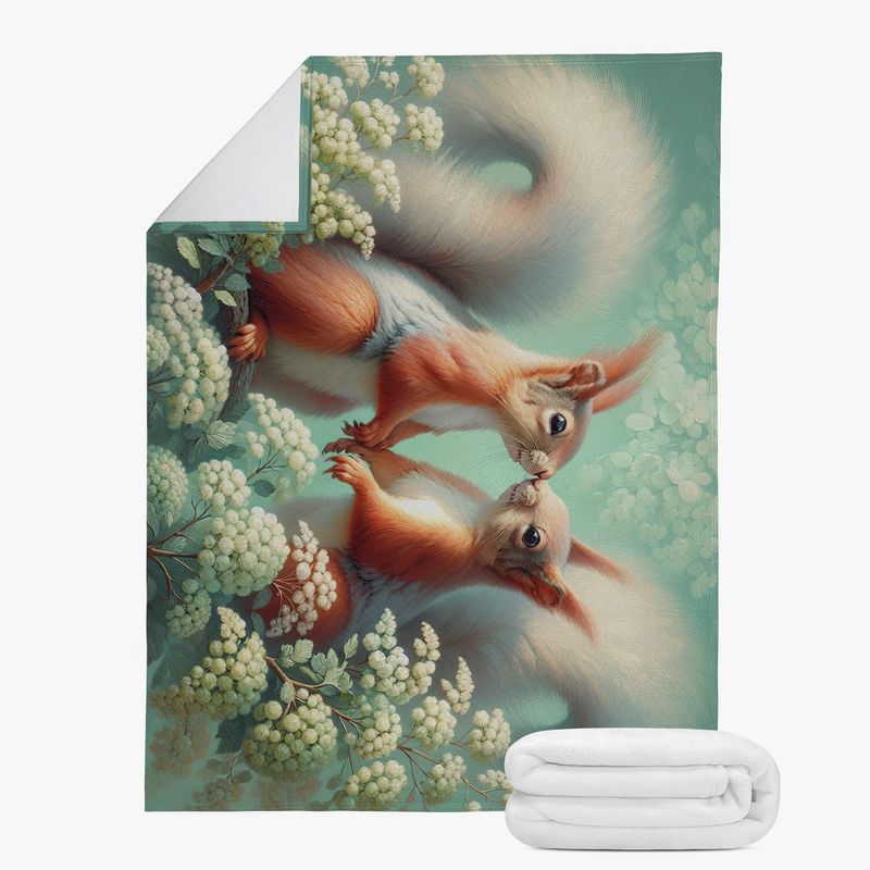 Mint green cuddly blanket with a squirrel motif