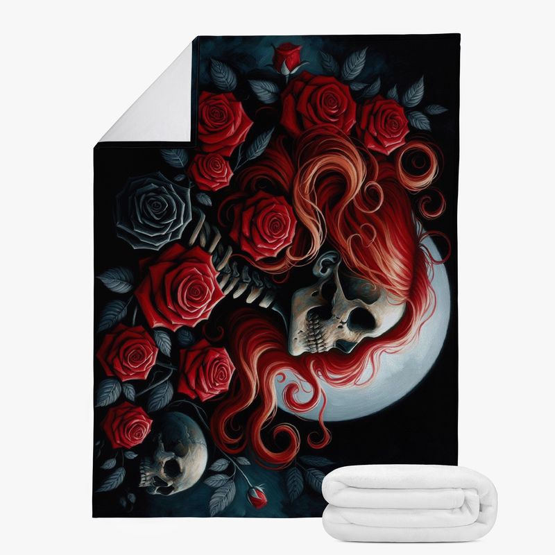 Black blanket with skeleton woman and red roses