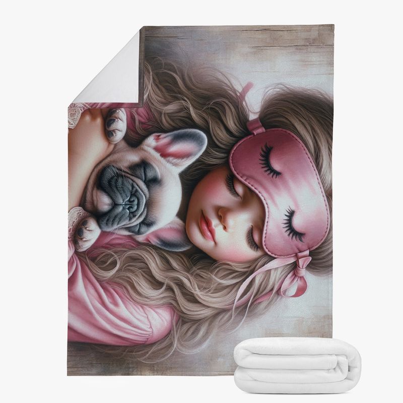 Cuddly blanket girl with French bulldog