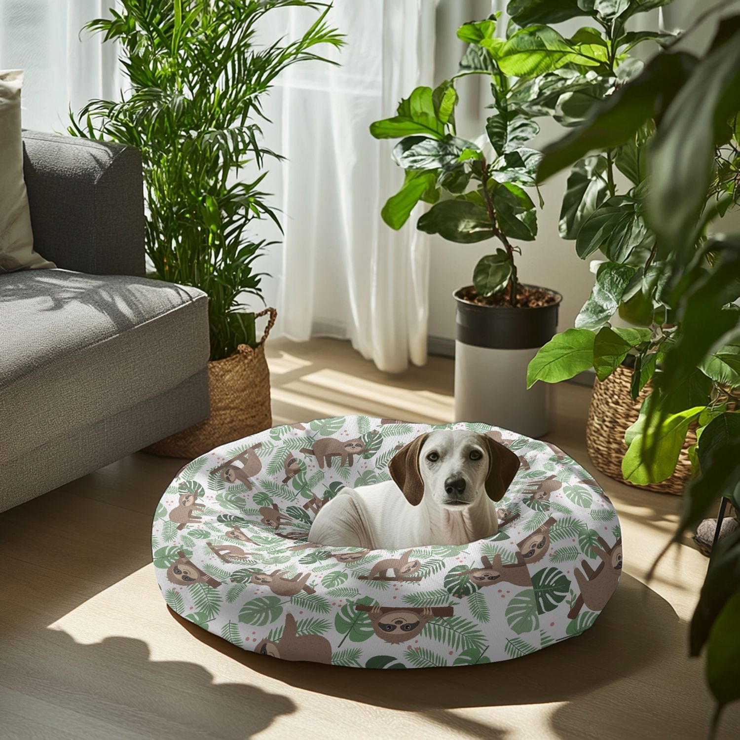 White pet bed sloth pattern