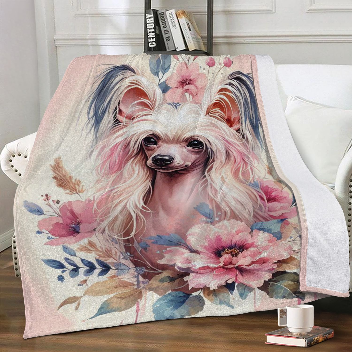 Adorable cuddly blanket with Chinese Crested dog