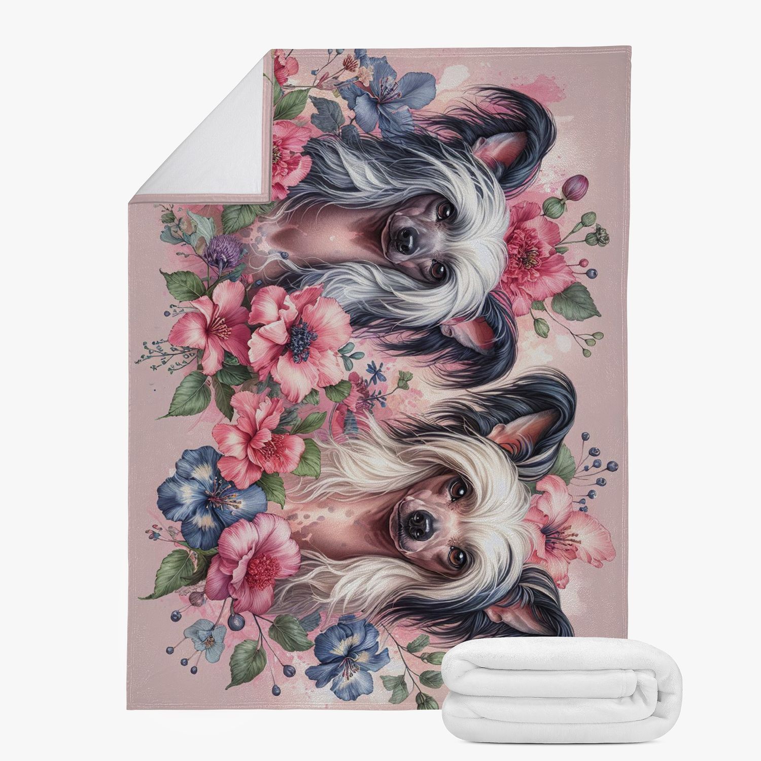 Pink floral blanket with Chinese Crested - Crested dog